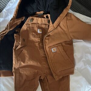 Carhartt Kids Brown Hooded Bib Overalls Set with Black Lining